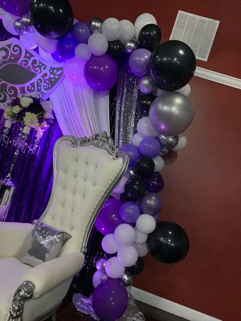 Purple Black And Silver Masquerade, Purple Silver And Black Balloon Arch, Purple Masquerade Party Decorations, Purple And Black Party Theme, Black And Purple Birthday Decor, Purple Masquerade Party, Masquerade Party Decorations Theme, Debut Theme Ideas, Purple Birthday Decorations