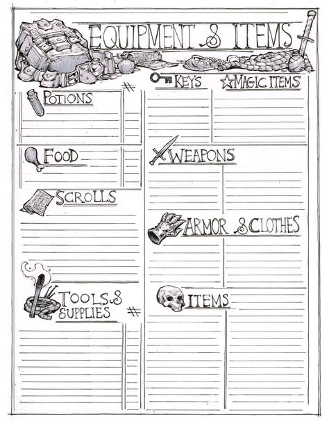 Max Dunbar on X: "Spent way too long today doodling away on this items sheet for my D&D stuff. It's pretty janky, but feel free to use it if you think it would be handy! #dnd https://t.co/j69Ny49l0R" / X Dnd Character Book Diy, Dnd Equipment Sheet, Dnd Session Notes Template, Dnd Sheet Template, Dnd Character Journal Ideas, Dnd Journal Pages, Dnd Character Sheet Printable Free, Dnd Printables Free, Artificer Character Sheet