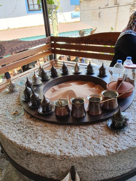 Turkish Coffee made in hot Sand in Şirince Turkey 2019 Turkish Coffee Aesthetic, Turkish Cafe, Coffee Booth, Breakfast Presentation, Arabic Tea, Magic Coffee, Turkish Restaurant, Small Coffee Shop, Coffee Holder