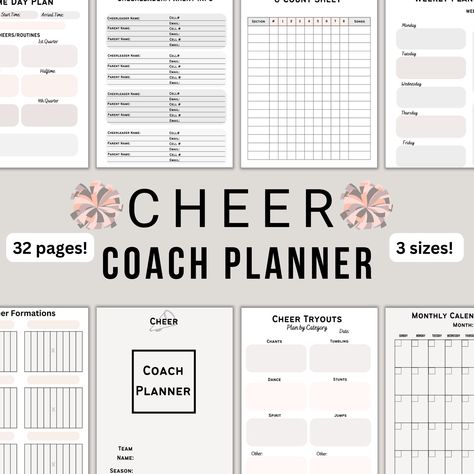 This Cheer Coach Planner provides everything you need to have an organized season! From tryout evaluations and practice plans to 8 count sheets and game schedules, you will have all the resources you need!  It includes 32 pages, 3 cover page options, and 3 sizes! Please view the video to see all pages included. PDF Only Digital Download No Refunds or Returns Cheer Coach Practice Plan, Cheer Coach Planner Free, Cheer Captain Binder Ideas, Cheer Coach Planner, Cheer Practice Plan Template, Cheer Coach Organization, Cheer Coach Must Haves, Cheer Practice Schedule, Youth Cheer Practice Plan