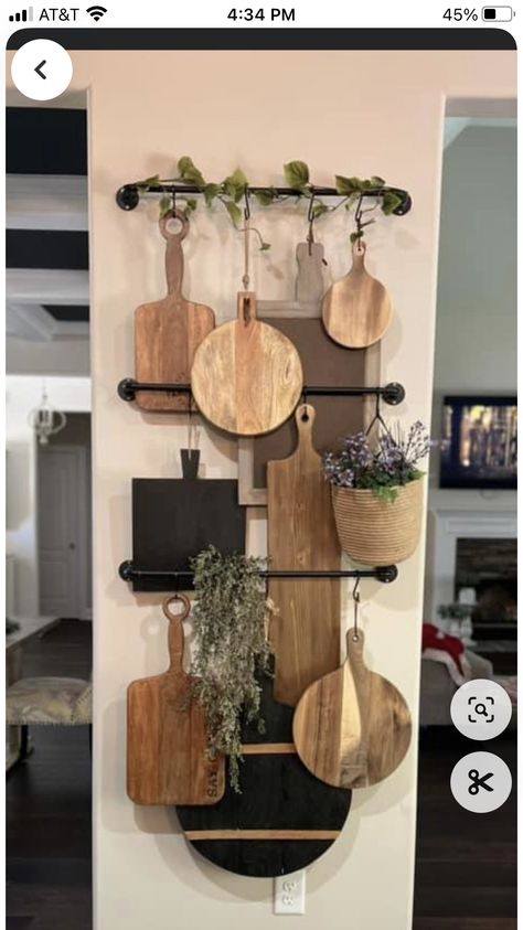 Boards On Walls, Bread Board Wall, Rustic Farmhouse Living Room, Board Wall, Cabin Kitchens, Wall Rack, Bread Board, Wall Racks, Display Storage