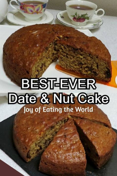 This rich moist dense date & nut cake is both fruity and nutty, packed full of yummy dates and a mix of nuts. Moist Date Cake Recipe, Date Nut Cake, Banana And Date Loaf, Date Nut Bread, Raisin Cake, Nut Cake, Nut Bread Recipe, Date Cake, Ginger Nut