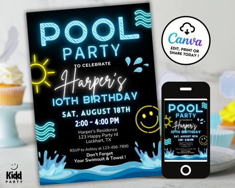 Neon Pool Party Birthday Invitation, Boy Pool Party Invite, Tropical Birthday Evite, Glow Summer Pool Party Invitation, Kid Pool Party PP9 Pool Party Boys Birthday, Pool Party For Boys, Pool Party Invitations For Kids, Neon Pool Party, Boy Pool Party, Neon Pool Parties, Pool Party Invite, Pool Party Kids, Pool Party Birthday Invitations