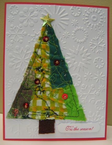 ART - just do it!: Fabric collage Christmas cards Fabric Christmas Cards Handmade, Collage Christmas Cards, Postcard Quilts, Christmas Card Collage, Fabric Christmas Cards, Machine Embroidery Christmas, Collage Christmas, Christmas Quilting, Christmas Sewing Projects