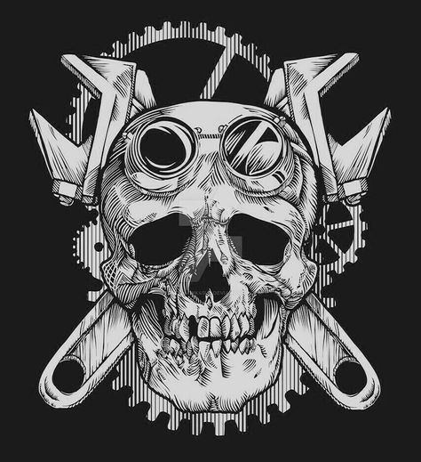 Skull Mechanic, Vikings Art, Victorian Artwork, Airbrush Stencils, Badass Drawings, Mechanic Tattoo, Flame Tattoos, Mechanical Art, Skulls Drawing