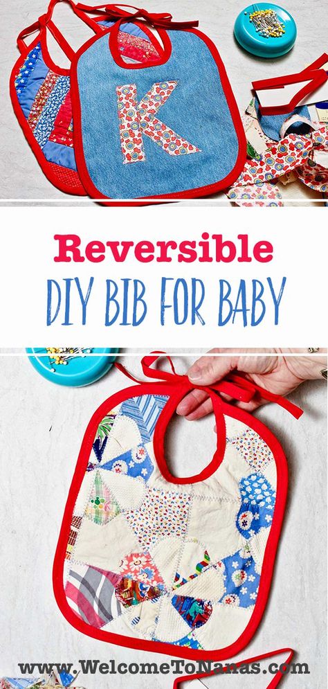 Reversible DIY Bib for Baby has a free easy bib pattern and instructions to sew a reversible bib using repurposed or new fabric. #WelcometoNanas #DIYBib #BibPattern #BabyBibDIY Baby Bibs Patterns Free Printable, Diy Baby Bib, Baby Bibs Patterns Free, Diy Bibs, Diy Baby Bibs, Bib For Baby, Baby Welcome, Weaving For Kids, Baby Bibs Patterns