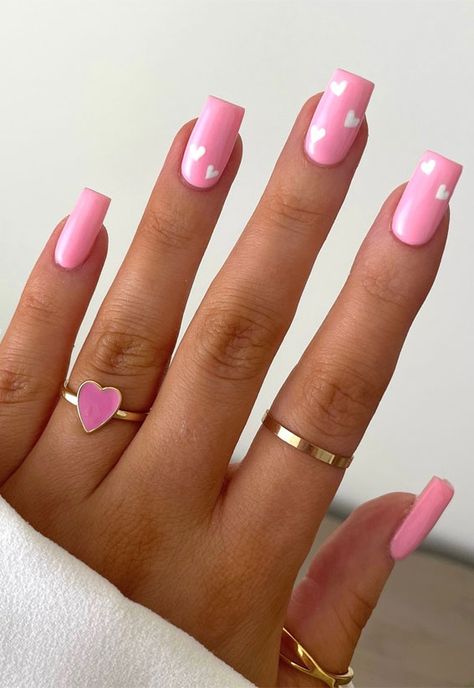 Valentine’s Day Nail Art Collection : Minimal Pink Nails with Love Hearts Pink Nail Designs With Hearts, White Heart On Pink Nails, Pink Nails With Love Heart, Pink Hearts Nail Designs, Love Heart Nail Designs, Nails Pink With Heart, Little Hearts On Nails, Nails With Love Hearts, Pink Nails Red Heart