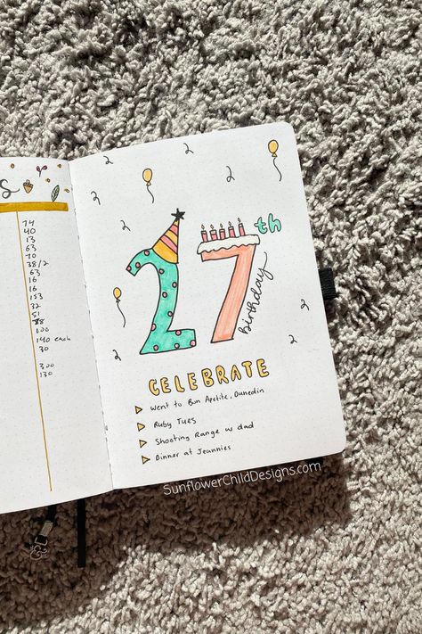 Birthday Bullet Journal Spread Journal Ideas For Birthdays, My Birthday Journal Ideas, Birthday Bujo Theme, Birthday Month Journal Ideas, Birthday Page Bullet Journal, Birthday Journal Ideas Scrapbook, Journal Birthday Page, Birthday Journal Page, May Bujo Theme