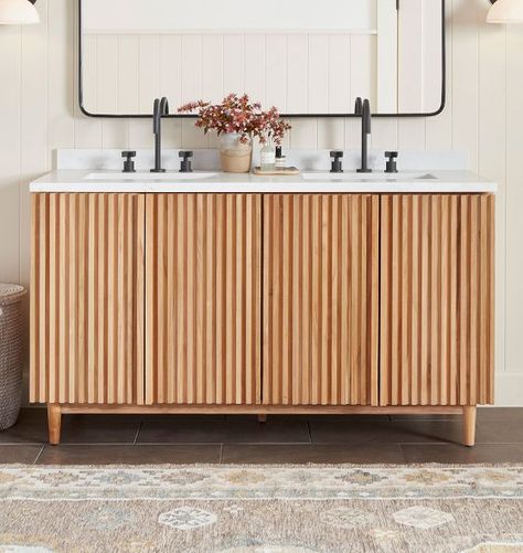 Bathroom Sinks & Vanities | Rejuvenation Slab Cabinets, Console Bathroom Sink, Teak Vanity, Cabinet Fronts, Primary Bathroom, Interior Design Resources, Drawer Hardware, Bathroom Sink Vanity, Kitchen Stools