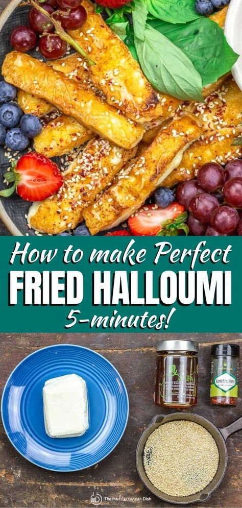 This recipe will show you how to cook halloumi perfectly every time! Pan fried halloumi in olive oil is ready in 5 minutes and can be served with sweet or savory options! Try this for a recipe you will use time and time again! Cooking Halloumi, Baked Halloumi, Halloumi Fries, Mediterranean Appetizers, Fried Halloumi, Grilled Halloumi, Low Carb Side Dishes, Hot Honey, Healthy Comfort Food