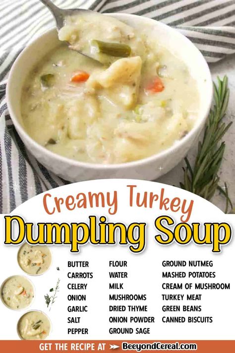 This creamy turkey dumpling soup is the perfect dish to serve up after the holidays. Using leftover turkey, mashed potatoes, and green bean casserole in a new way is always quite exciting! This recipe is unique because it uses all sorts of thanksgiving leftovers. Leftover turkey meat and mashed potatoes, and even leftover green bean casserole can all be added to this thick and flavorful soup. This creamy turkey soup is filling, comforting, and soooo gosh darn tasty you'll want a second bowl. Leftover Green Bean Casserole, Meat And Mashed Potatoes, Turkey Dumpling Soup, Using Leftover Turkey, Creamy Turkey Soup, Leftover Green Beans, Turkey And Dumplings, Turkey Stew, Leftover Turkey Soup