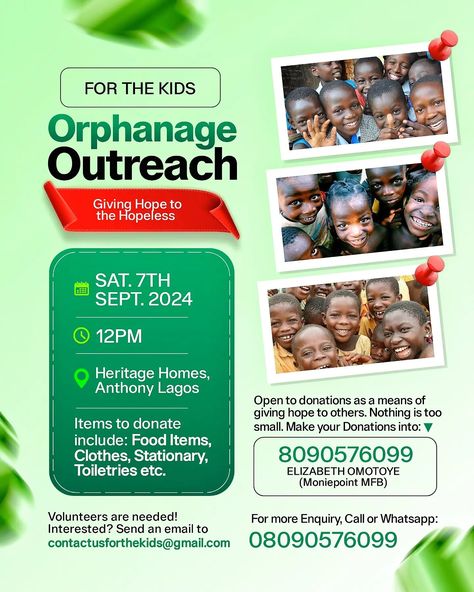 A simple orphanage outreach flyer.   Need a designer for your next design project? Reach out on Whatsapp (+234 7054056978) Orphanage Flyer Design, Outreach Flyer Design, Fundraising Flyer Design, Orphanage Design, Donation Flyer, Flier Designs, Fundraiser Flyer, Charity Donation, Social Media Branding Design