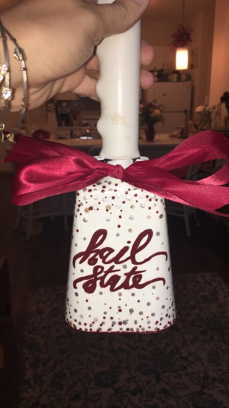 Sparkle polka doted hail state painted cowbell #hailstate Mississippi State Cowbell Painted, Cowbell Painting Ideas, Painted Cowbell, Mississippi State Cowbell, Bottle Top Art, Painted Crafts, Hail State, Mississippi State University, Mississippi State Bulldogs