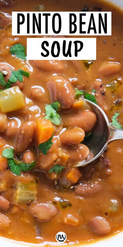 In this easy pinto bean soup recipe the beans break and melt into a rich tomato broth that’s full of herbs and smoky flavour. It's so delicious, creamy, and vegan! #veganrecipes #cheapdinnersforafamily #beansoup #pintobeanrecipes #glutenfreerecipes Pinto Bean Soup Recipes, Pinto Bean Soup, Pinto Bean Recipes, Pinto Bean, Bean Soup Recipe, Soup Beans, 2024 Recipes, Mexican Soup, Tomato Broth