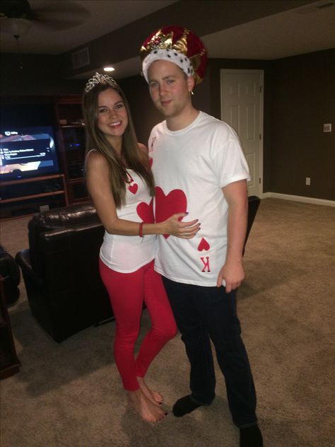 King and Queen of Hearts Costume King And Queen Dress Up Ideas, Diy King Of Hearts Costume, Heart Costume Diy, Ace Of Hearts Costume, King And Queen Of Hearts Costume Couple, King And Queen Halloween Costumes, Queen And King Of Hearts Costume, Queen Of Hearts Couple Costume, King And Queen Of Hearts Costume