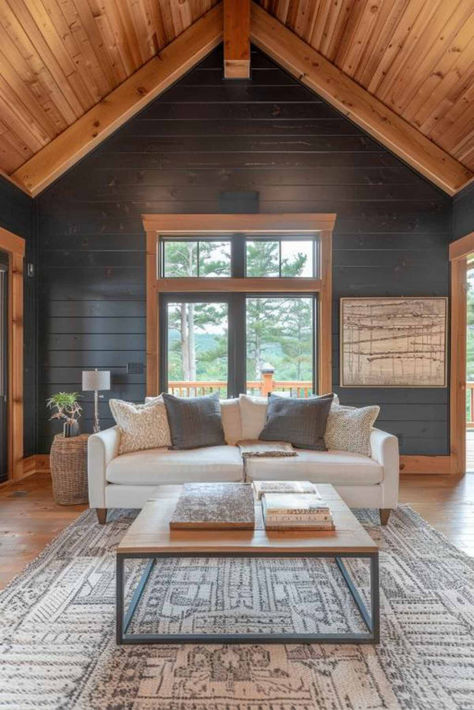 40 Versatile Dark Shiplap Wall Designs for a Sophisticated Home Half Log Interior Walls, Sunroom Shiplap Walls, Shiplap Cabin Walls, Decorating Shiplap Walls, Pine Walls Cabin, Cabin Interior Wall Ideas, Modern Cozy Cabin Interior, Cedar Walls Interior Living Room, Dark Shiplap Wall