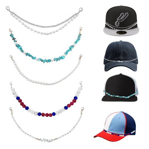 PRICES MAY VARY. 5PCS TRUCKER HAT CHAINS - Package includes 5pcs trucker hat chains, our fashion hat chain set includes turquoise bead chain, pearl chain, diamond ball chain, paper clip chain and chain chain, DIY and decorate your trucker hats, baseball hats and more with these western hat chain charms, show off the extra charm. EASY TO USE - Each of these stylish trucker hat decorative chains comes with two claw clasps that can be clasped on trucker hats with mesh backs to add the perfect finis Hat Chain, Baseball Accessories, Pearl Chains, Diamond Ball, Black Trucker Hat, Ribbon Decorations, Western Hat, Chain Diamond, Hats Baseball