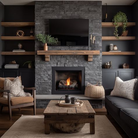 Custom Reclaimed Wood Beam Fireplace Mantels With Matching Shelves 705 - Etsy Beside Fireplace Wall Decor, Grey Wood Fireplace, Large Tv With Fireplace, Black Country Living Room, Masculine Bonus Room, Dark Stained Mantle, Fire Place Shelves, Non Combustible Fireplace Surround, Family Living Room Inspiration