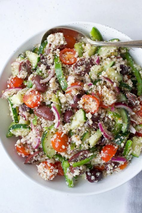 Greek Salad with Cauliflower Rice | Every Last Bite Greek Cauliflower Rice, Greek Cauliflower, Greek Couscous Salad, Whole30 Vegan, Cauliflower Couscous, Dairy Free Diet, Salad Toppings, Couscous Salad, Grain Free Recipes