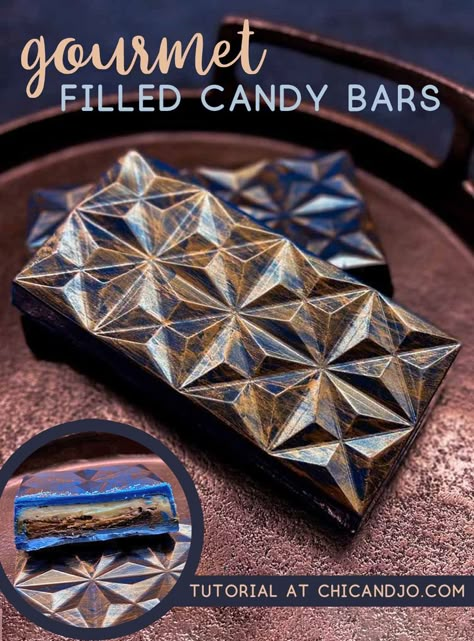 Gourmet Filled Chocolate Candy Bars | Chica and Jo Chocolate Fillings Candy, Chocolate Bar Filling Ideas, Stuffed Chocolate Bar Recipe, Chocolate Bar Recipes Homemade, Decorated Chocolate Bars, Chocolate Bar Filling, Gourmet Chocolate Bars, Knafeh Chocolate Bar, Artisan Chocolate Bars