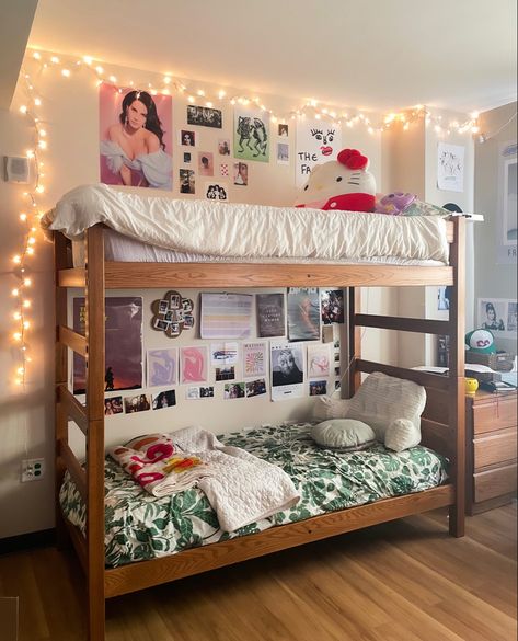 dorm room inspo #uiowa #dorm #dormdecor Double Bunk Bed Dorm Room Ideas, Room Inspo Two Beds, Hostel Bed Decoration, Bunk Beds Dorm Room, Dorm Room Aesthetic Bunk Bed, Dorm Room Bunk Beds Layout, Top Bunk Dorm Ideas, Dorm Room With Bunk Beds, Dorm Room Designs Bunk Bed