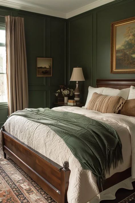 70+ Cozy Earthy Bedroom Ideas With Natural Elegance Master Bedrooms Earthy, English Colonial Bedroom, Cozy Earth Bedroom, Moody Cottagecore Bedroom, Harry Potter Adult Bedroom, Cozy Master Bedrooms Decor Romantic, Romantic Master Bedrooms Decor, Green Vintage Bedroom, Green Walls Bedroom