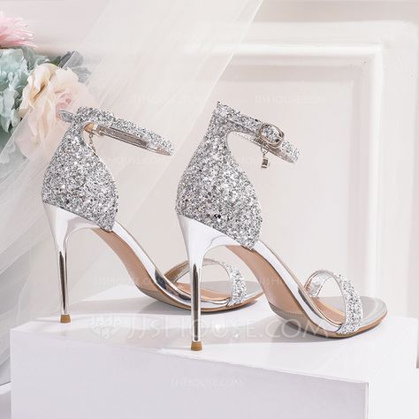 Women's Leatherette Sparkling Glitter Stiletto Heel Peep Toe Sandals With Sequin (047219334) - JJ's House Silver Sparkle Shoes, Pretty Wedding Heels, Wedding Shoes Bride Heels Sparkle, Good Heels Prom, Sparkly High Heels Prom, White Glitter Heels, Hen Do Outfit Ideas, Wedding Heels Brides, Sparkly Silver Heels