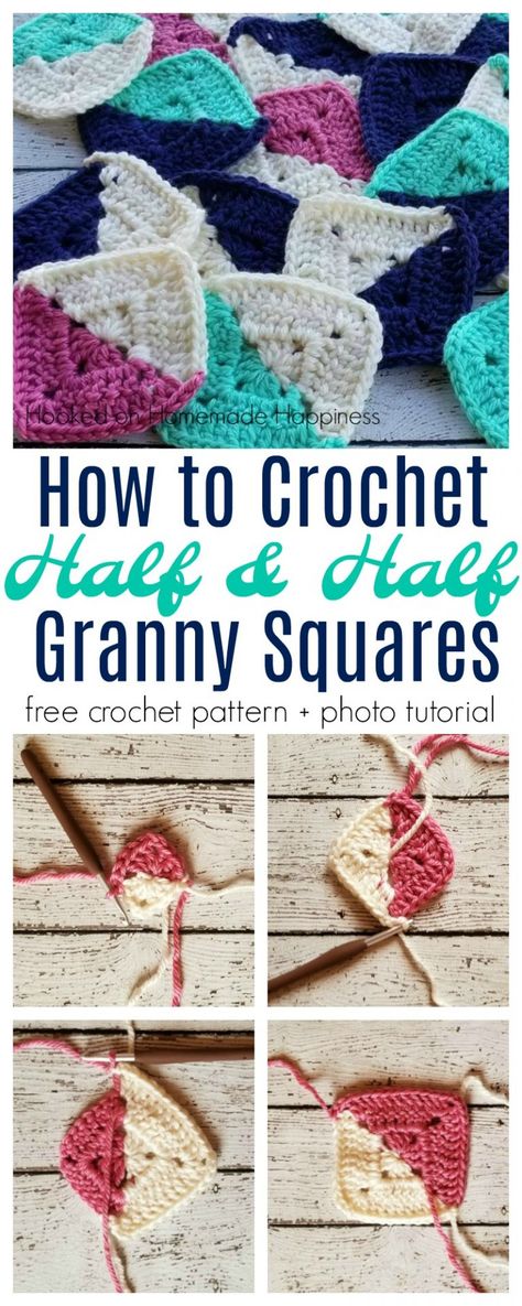 Half and Half Granny Square Crochet Pattern | Hooked on Homemade Happiness Half Granny Square, Crochet Voodoo, Patchwork Crochet, Sunburst Granny Square, Square Crochet Pattern, Crochet Squares Afghan, Granny Stitch, Crochet Hack, Colorful Baby