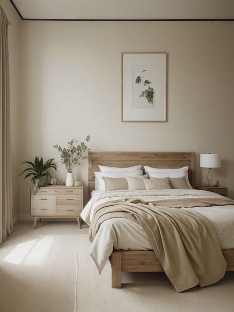 Create a calming and minimalist aesthetic by using neutral colors like beige or white for your walls. Incorporate natural elements such as indoor plants and wooden furniture to add warmth and depth to the room. Minimalist Bedroom Aesthetic, Neutral Minimalist Bedroom, Aesthetic Hacks, Wall Color Combination, Parents Bedroom, Wooden Bedroom Furniture, Beige Room, Bedroom Redesign, Bedroom Color Combination