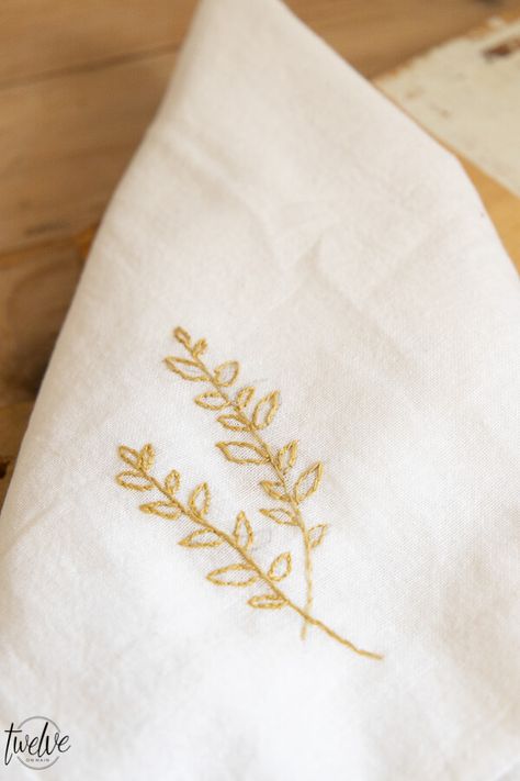 Easy DIY Embroidered Tea Towels - Twelve On Main Embroider Napkins Diy, Embroidery Napkins Patterns, Embroider Tea Towels Diy, Hand Embroidered Napkins Diy, Embroidery Dish Towels Patterns, Embroidery On Tea Towels, Napkin Embroidery Patterns, Diy Tea Towels Sew, Tea Towel Embroidery Ideas