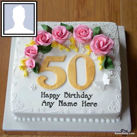 Happy 50th Birthday Cake With Name And Photo Happy 50th Birthday Cake, 50th Birthday Cake Images, 50th Birthday Cake For Women, Pastel Rectangular, Birthday Cake Write Name, Anniversary Cake Designs, Birthday Cake Images, 50th Birthday Wishes, Number Birthday Cakes