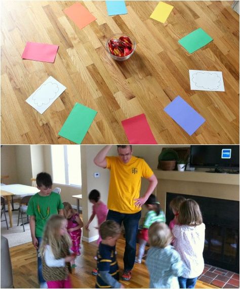 Musical Rainbow Walk game: Cut out square rainbow paper sheets and 2 white “cloud” sheets. Make enough squares for each child. Play some music and when the music stops, the kids stop. Whoever is on the white clouds gets a rainbow candy treat, like Skittles or Starburst. @Marie - Make and Takes Rainbow Party Games, Rainbow Games, 4de Verjaardag, Rainbow Theme Party, Rainbow Parties, Candyland Birthday, Candyland Party, Art Birthday Party, Pony Birthday