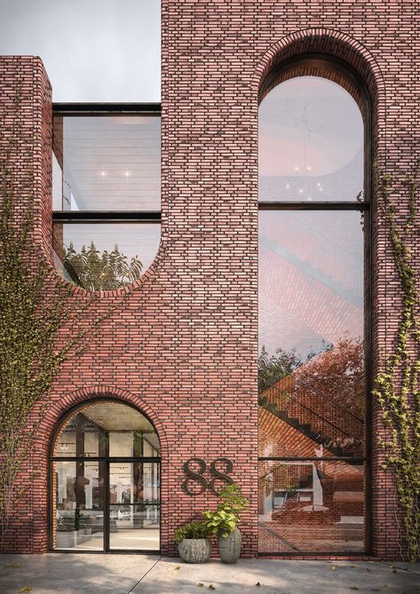 Fasad Design, مركز ثقافي, Brick Architecture, Brick Facade, Design Exterior, Building Facade, Arched Windows, Brick Building, Architecture Exterior