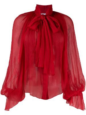 Designer Tops for Women | FARFETCH US Clawdia Wolf, Chifon Dress, Blouses And Tops, Couture Outfits, Red Blouse, Pleated Blouse, Looks Chic, Moda Vintage, Chiffon Blouse