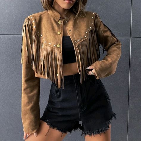 Studded Tassel Trim Faux Suede Crop Jacket 90% Polyester 10% Elastane Tassle Jacket Outfits, Cowboy Jacket Women, Baller Outfits, Acl Outfits, Fringe Jacket Outfit, Jacket With Tassels, Costume Cowgirl, Cowgirl Jacket, Leather Jacket With Fringe