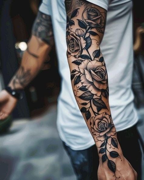 Black Rose Tattoo For Men, Rose Sleeve Tattoo, Flower Tattoo Sleeve Men, Ideas For Tattoos, Snake And Dagger Tattoo, Dark Roses Tattoo, Men Flower Tattoo, Gear Tattoo, Rose Tattoo Sleeve