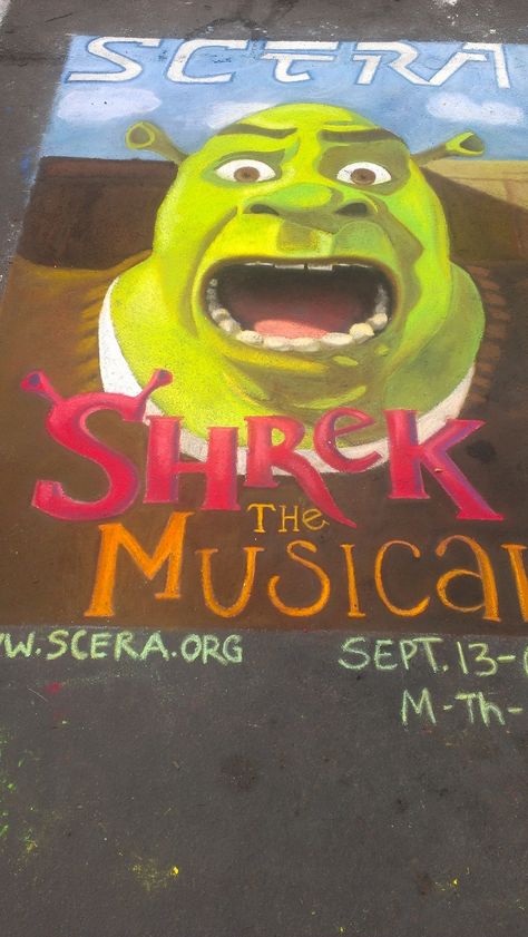 Shrek Musical, Chalk Drawing, Chalk the Block, 2013. Shrek Chalk Art, Disney Chalk Art Easy, Chalk Art Characters, Chalk Art Ideas Disney, Disney Character Chalk Art, Shrek Musical, Chalk Ideas, Chalk Drawings, Shrek