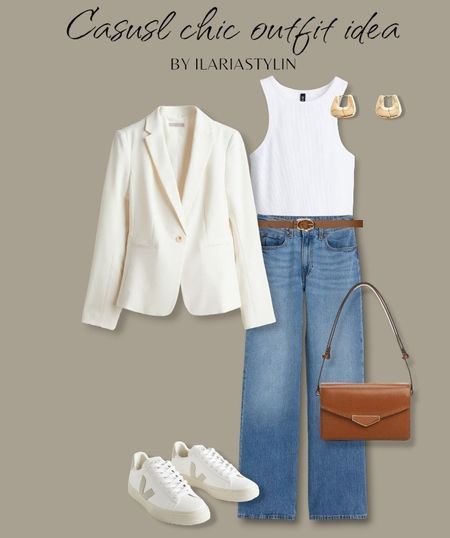 How To Style White Blazer, White Blazer With Jeans, White Blazer Outfit Casual, Spring Jeans Outfit, Outfit Vaqueros, White Blazer Outfit, Classic Chic Outfits, White Blazer Outfits, White Blazers