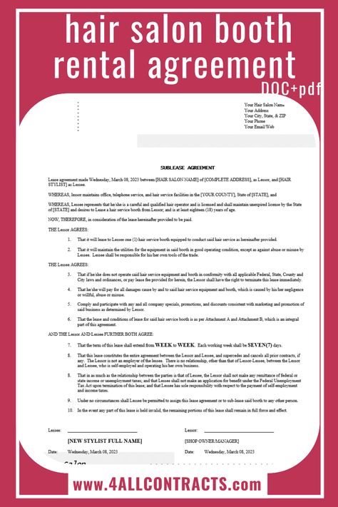 Example 1 of Hair salon booth rental agreement pdf[Salon Name] [Address] [City, State Zip] [Phone Number] [Email] [Website]Booth Rental AgreementThis agreement made on [Date] between [Salon Name], hereinafter referred to as "Salon," and [Stylist Name], hereinafter referred to as "Stylist," for the rental of a booth in Salon located at [Address], hereinafter referred to as "Premises."Terms and Conditions:Rental: Salon agrees to rent to Stylist a single booth for the purpose of providing hair Booth Rent Salon Decor, Hair Salon Grand Opening Ideas Parties, Hairstylist Booth Rental, Booth Rental Ideas Salon, Booth Rent Salon, Salon Booth Rental Agreement, Venue Rental Contract, Salon Booth Rental, Booth Rental Agreement