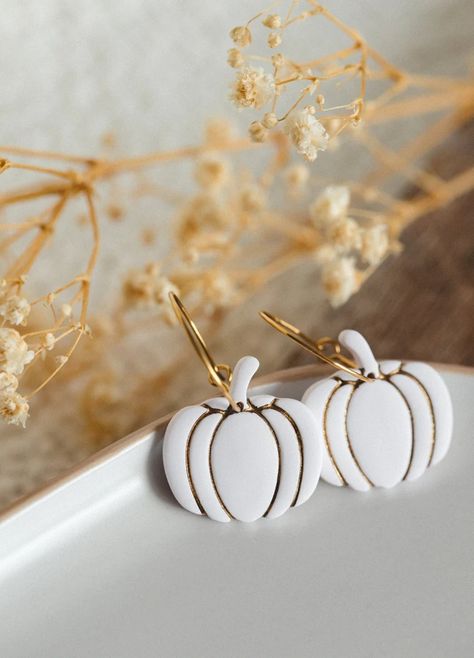 Gold and White Pumpkin Hoops Lightweight Polymer Clay Earrings Handmade Autumn Earrings Halloween Gift Fall Hoop Earrings - Etsy Thanksgiving Clay Earrings, Best Crafts To Sell, Polymer Clay Fall Earrings, Polymer Clay Halloween Earrings, Fall Polymer Clay Earrings, Halloween Earrings Polymer Clay, Halloween Clay Earrings, Fall Clay Earrings, Clay Pumpkins