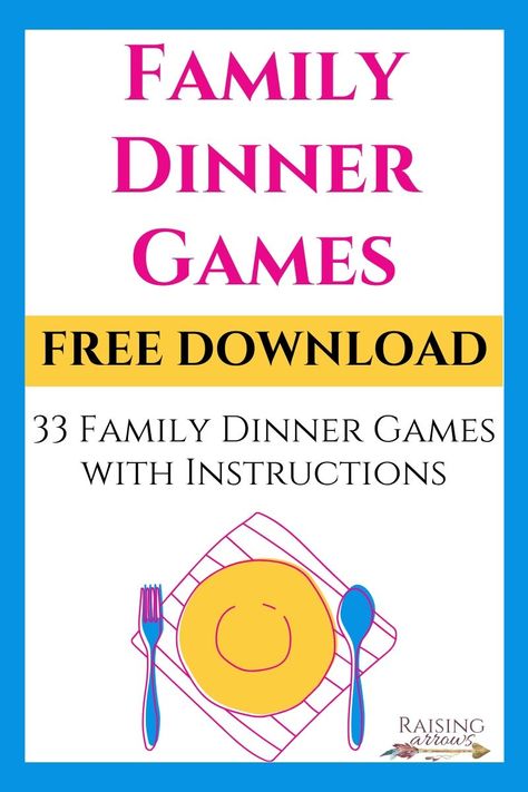 Family dinner games build fun memories! This huge list of activities is perfect for multiple ages to play together at home or in restaurants! #raisingarrows #familymeals #games Dinner Table Games, Family Fun Night Ideas, Family Games To Play, Dinner Party Games, Dinner Games, Games Family, Abc Games, Recipes Family, Fun Memories