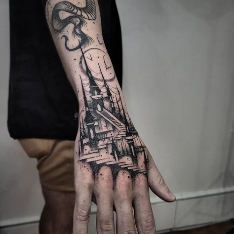 Cathedral Tattoo Gothic, Castle Hand Tattoo, Castle Tattoo Traditional, Gothic Building Tattoo, Castlevania Tattoo Ideas, Dark Castle Tattoo, Dark Tattoo Sketch, Gothic Castle Tattoo, Blackwork Tattoo Design Ideas