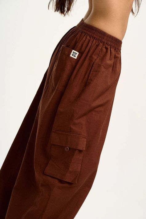 Rumi Cargo Trousers: ORGANIC COTTON - Cappuccino Cotton Yoga Clothes, Artsy Streetwear, Colored Pants Outfits, Lucy Yak, Lucy And Yak, Dungarees Shorts, Cotton Trousers, Colored Pants, Cargo Trousers