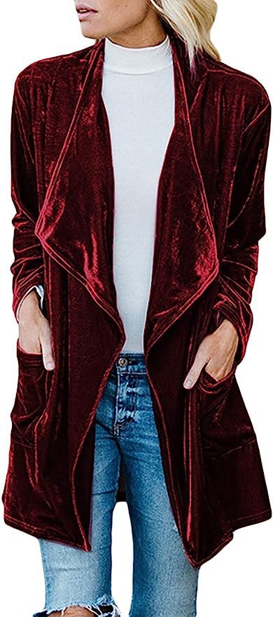 Amazon.com: futurino Women's Solid Long Sleeve Velvet Jacket Open Front Cardigan Coat with Pockets Outerwear : Clothing, Shoes & Jewelry Ținute Business Casual, Mode Mantel, Velvet Cardigan, Air Terjun, Velvet Coat, Mini Robes, Drape Cardigan, Velvet Blazer, Velvet Fashion