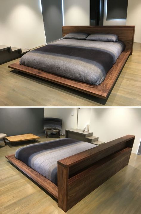 Dark Wood Floating Bed, Floor Bed With Headboard, Massive Wood Bed, Epoxy Bed Frame, Japanese Floating Bed, Custom Bed Frames, Custom Platform Bed, Japanese Platform Bed Diy, Backlit Bed Headboard