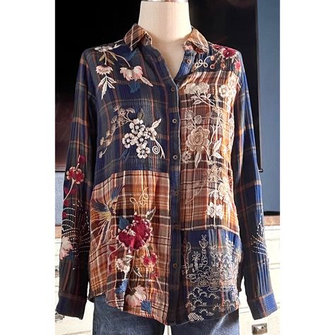 New With Tags Size Xs This Stunning Plaid Buttondown Shirt By Johnny Was Has Whimsical Embroidered Birds Flying Amongst Swirling Embroidered Flowers And Even Above An Intricately Embroidered Desert Scene. The Flannel Fabric Is A Mix Of Brown & Blue Plaids. The Material Is 100% Cotton. The Beautiful Shirt Is A Traditional Buttondown Style. The Birds Featured Are Cranes, & Mythical Phoenixes. *There Are Two Pulled Threads On The Back Shoulder Last Picture. Measurements Laying Flat: Length 26” Bust Flannel Diy, Recycled Mens Shirt, Flannel Upcycle, Flannel Shirt Refashion, Artsy Clothing, Pearl Clothing, Magnolia Pearl Clothing, Upcycled Jackets, Embroidered Birds