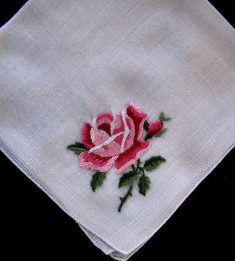 vintage hanky with embroidered rose Hanky Embroidery Design, Embroidered Hankies, Rose Embroidery Designs, Ribbon Embroidery Tutorial, Embroidered Rose, Embroidered Roses, Hand Embroidery Kit, Brazilian Embroidery, Vintage Handkerchiefs