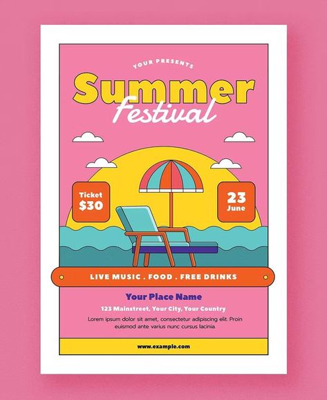 Pop Retro Summer Festival Flyer Template AI, PSD New Flyer, Festival Flyer, Summer Poster, Event Poster Design, Event Flyers, Retro Summer, Festival Design, Retro Logo, Festival Posters