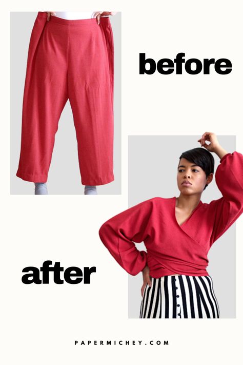 Ever wondered how to turn a pants into a top?! Probably not, but now that you’re thinking about it, I’ll show you how to recycle an oversized pair into a trendy summer wrap top. #alteration #recycledfashion #thriftflip #upcycleoldclothes #diystyle #sewingideas Turning Pants Into A Top, How To Turn Pants Into A Top, Upcycle Pants To Top, Upcycle Pants, Haram Pants, Crop Wrap Top, Clothes Upcycling, Diy Pants, Recycled Clothes