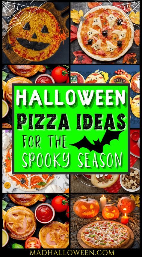 Mini Halloween Pizzas, Jack O Lantern Pizza, Halloween Themed Pizza, Homemade Halloween Pizza, Spooky Pizza Ideas, Spooky Lasagna, Spiderweb Pizza, Halloween Mini Pizza, Halloween Dessert Pizza